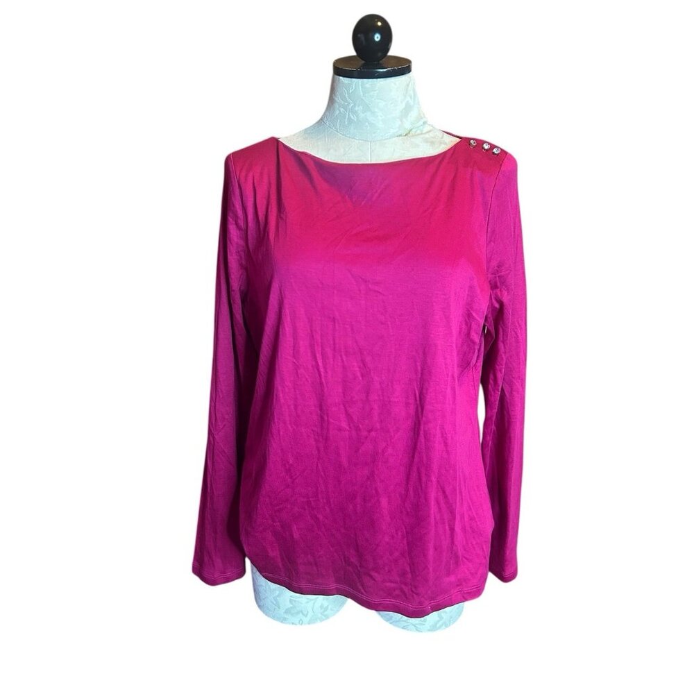 Talbots Women's Long Sleeve Knit Blouse Dark Pink Knit Stretch Jeweled NWT Sz‎ L